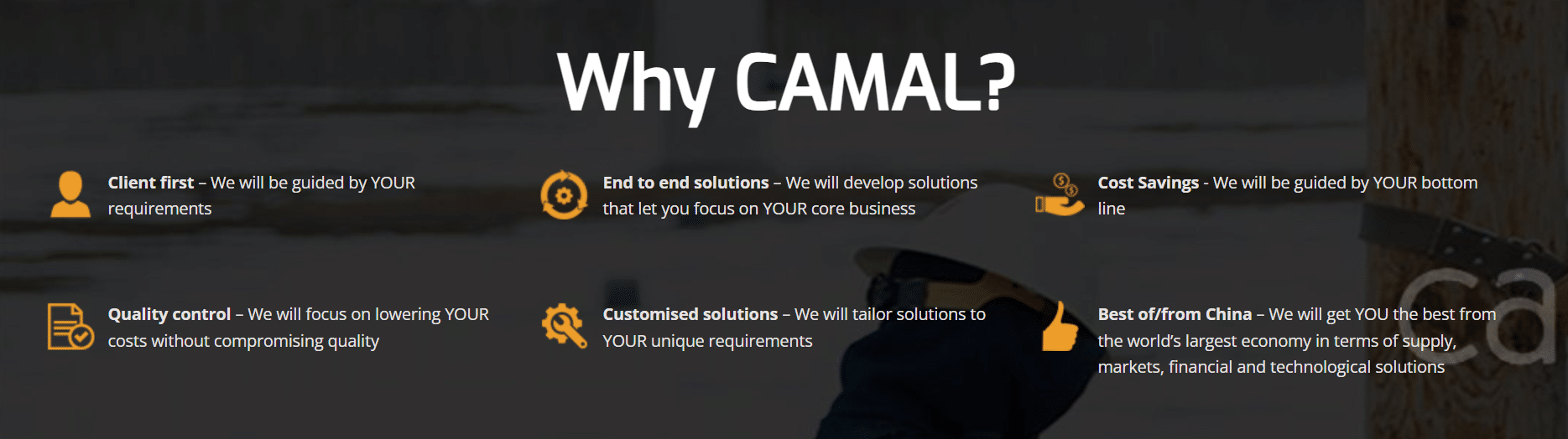 why choose CAMAL, clients first, end-to-end solutions, cost savings, quality control, customized solutions, best from China