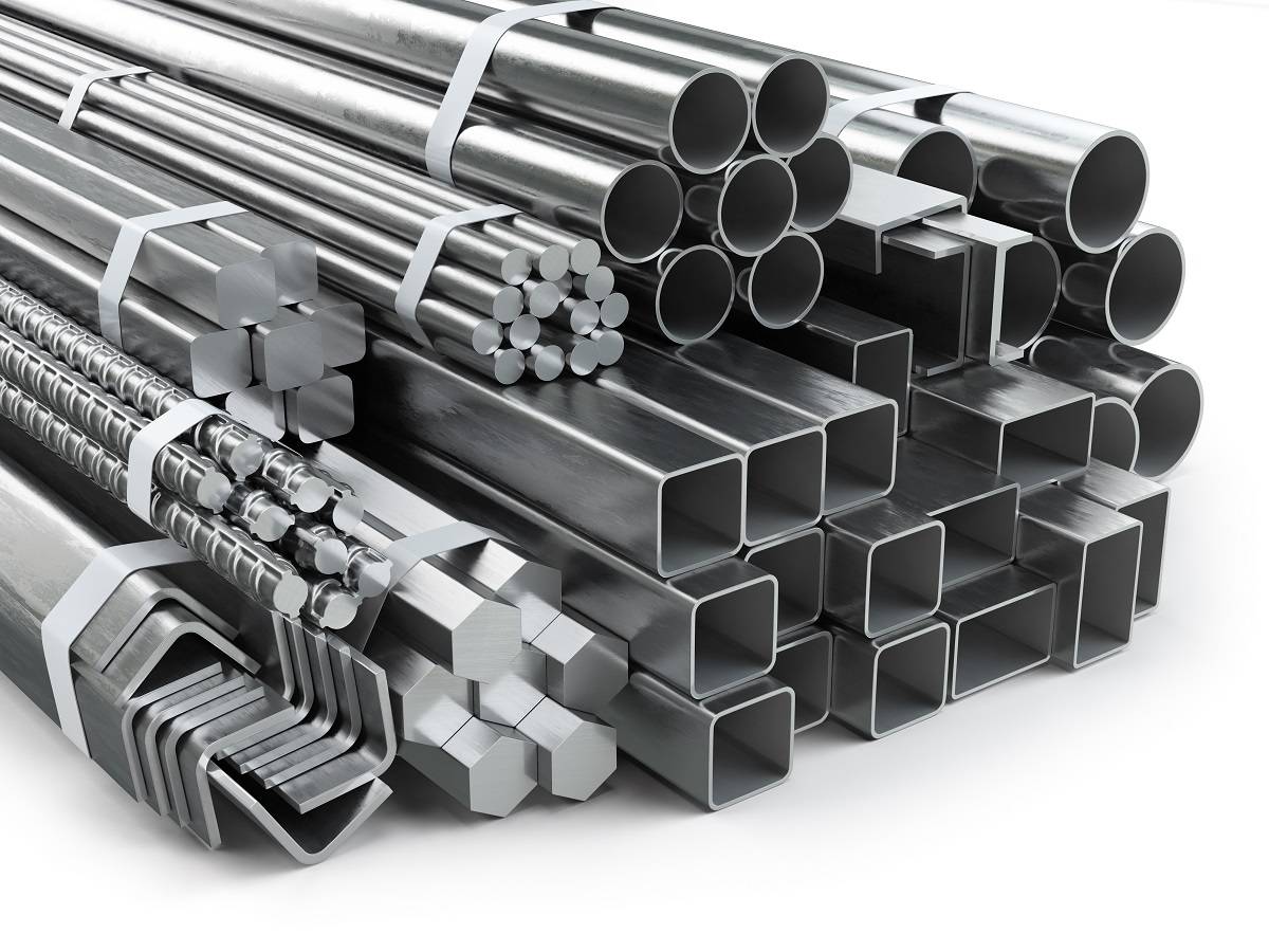 a neatly stacked assortment of various steel profiles, including round, square, and rectangular tubes, solid bars, rebar, and angle bars, all bound with metal straps.