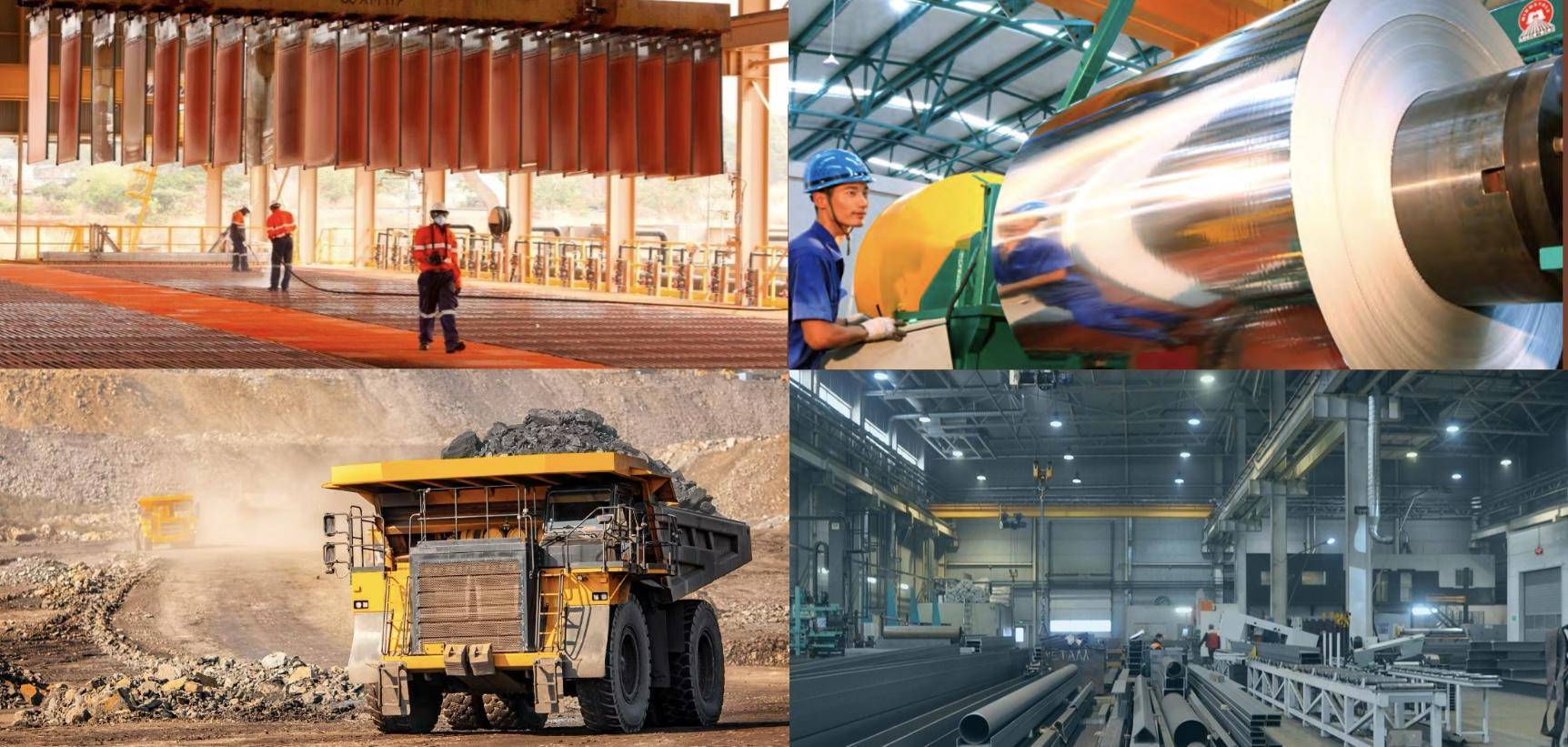 An image collage of China Minmetals' inside of their factory as well as some of their metal products and mining site.