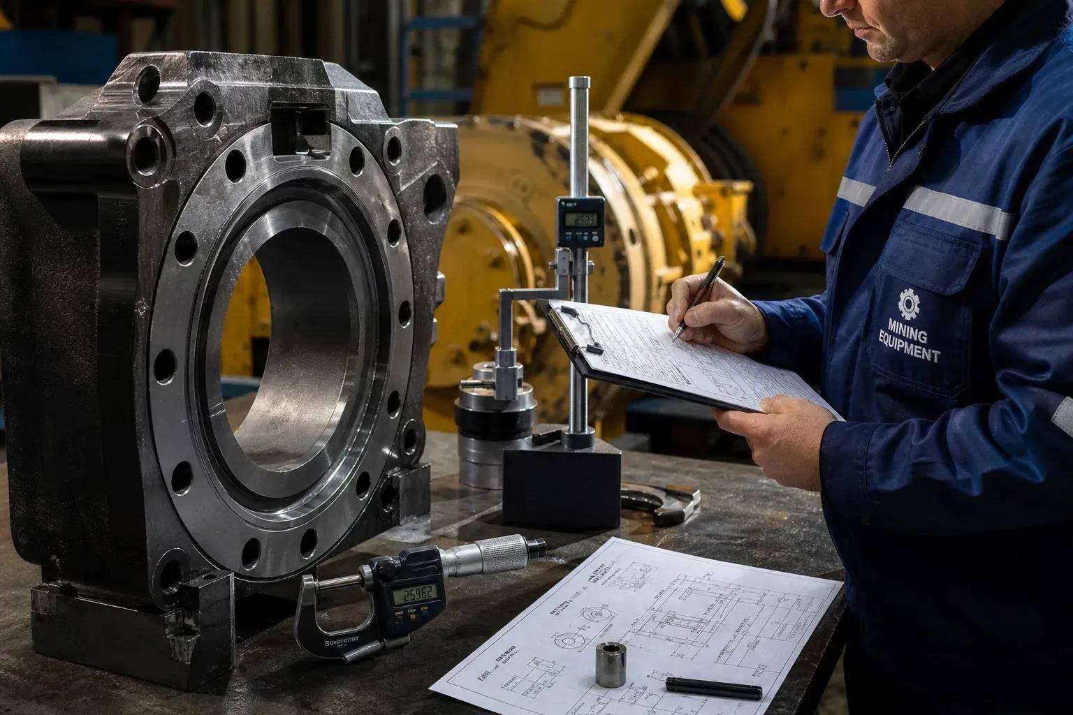 A technician in a mining equipment branded jacket measuring a large steel machine part with a micrometer next to technical drawings